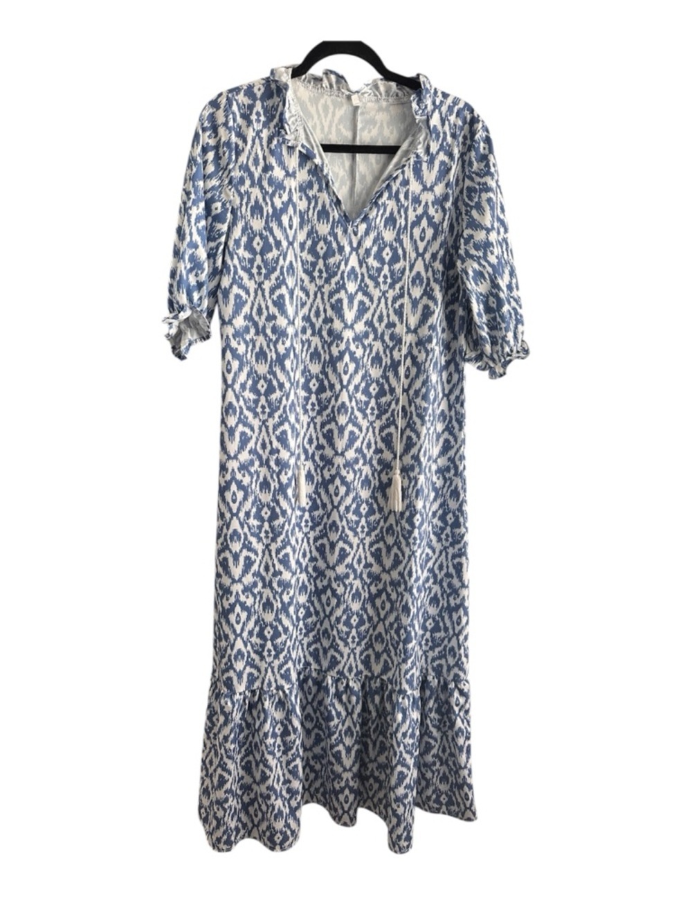 Blue Ikat Tie-Neck Maxi Dress